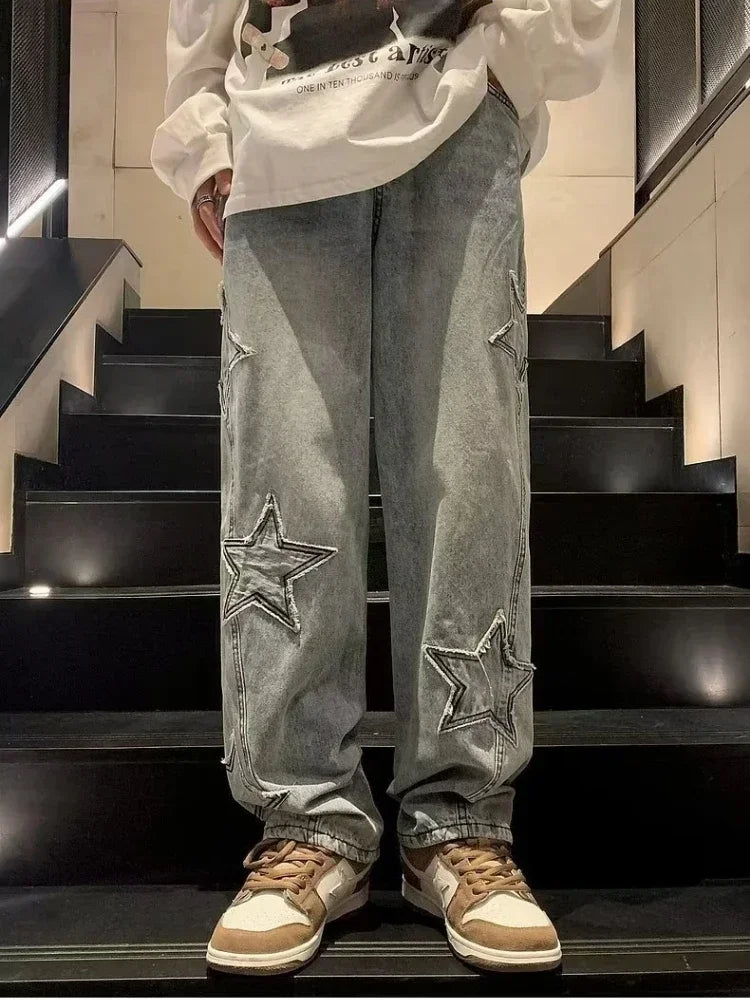 Star Embroidered Straight Casual Men's Jeans Y2K Gothic Unisex New Wide-leg Loose, Comfortable Fashionable Youth Street Jeans
