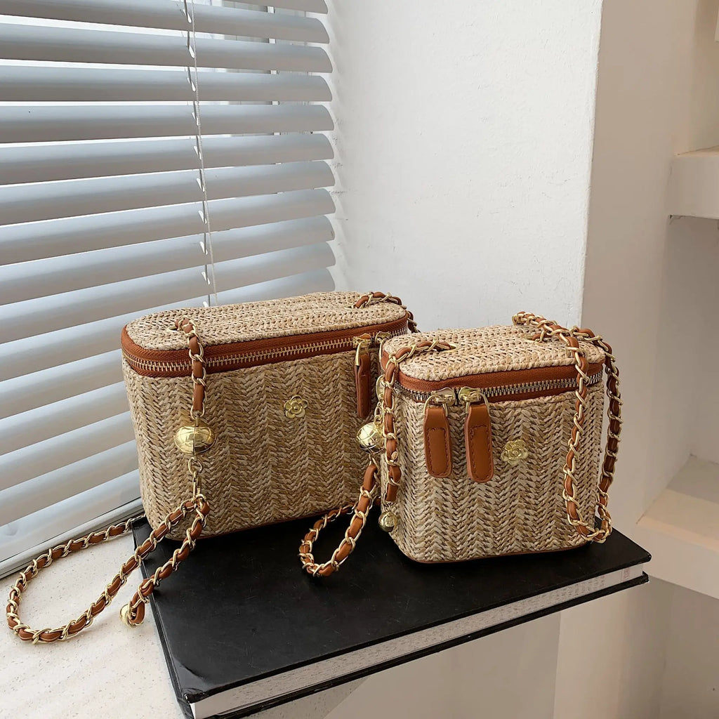 Sac à Main Femme Été en Paille Tissée – Mini Sac Seau Élégant avec Chaîne