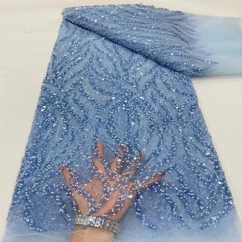 Luxury African Beaded with Sequins Lace Fabric High Quality Groom Nigerian Wedding Dress Bridal Embroidery French Tulle Sewing