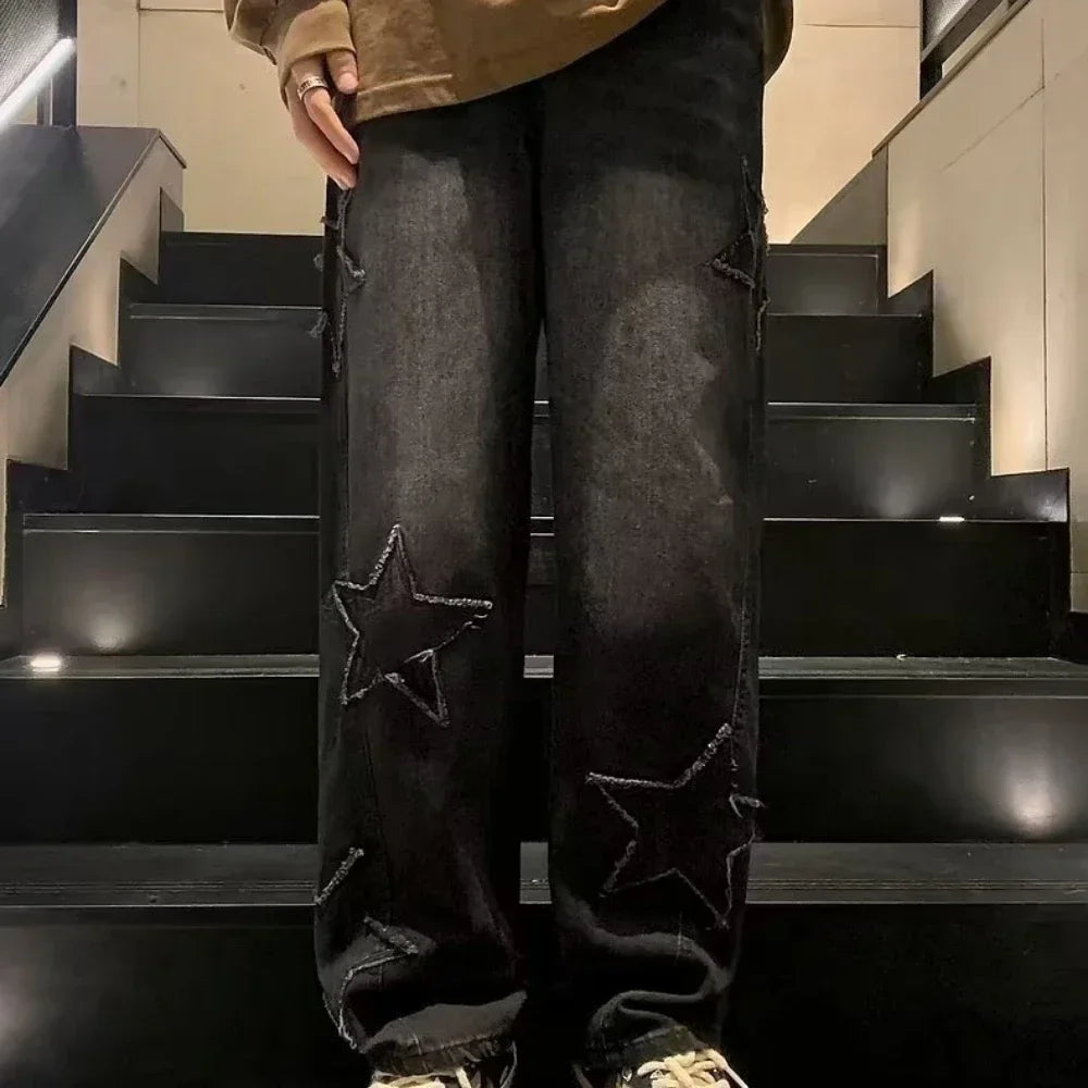 Star Embroidered Straight Casual Men's Jeans Y2K Gothic Unisex New Wide-leg Loose, Comfortable Fashionable Youth Street Jeans