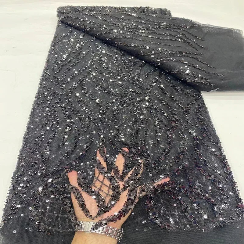 Luxury African Beaded with Sequins Lace Fabric High Quality Groom Nigerian Wedding Dress Bridal Embroidery French Tulle Sewing
