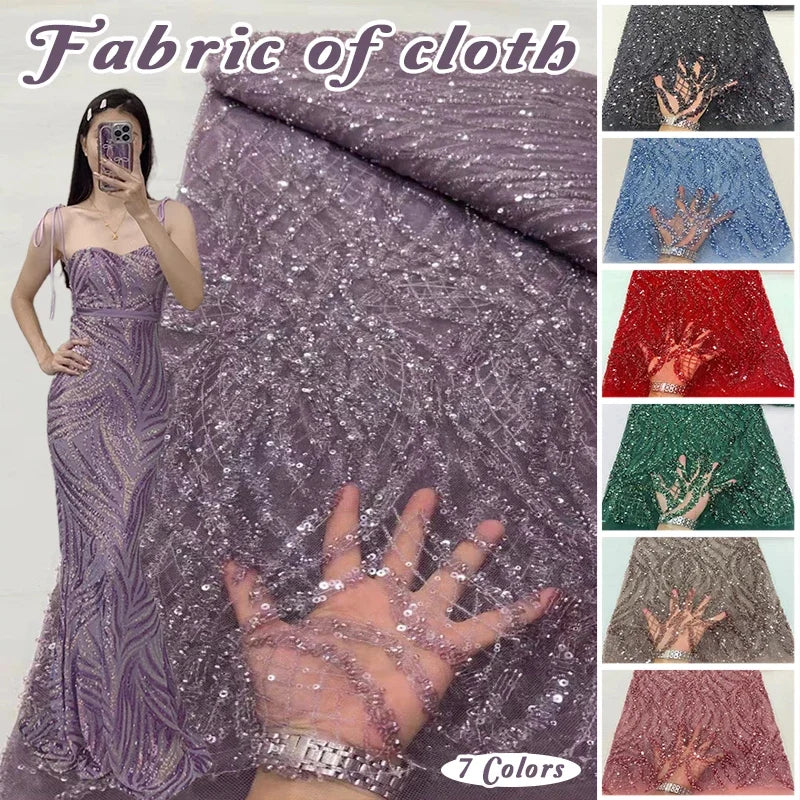 Luxury African Beaded with Sequins Lace Fabric High Quality Groom Nigerian Wedding Dress Bridal Embroidery French Tulle Sewing