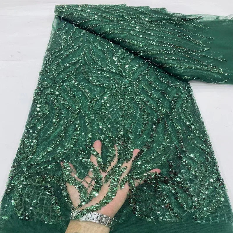 Luxury African Beaded with Sequins Lace Fabric High Quality Groom Nigerian Wedding Dress Bridal Embroidery French Tulle Sewing