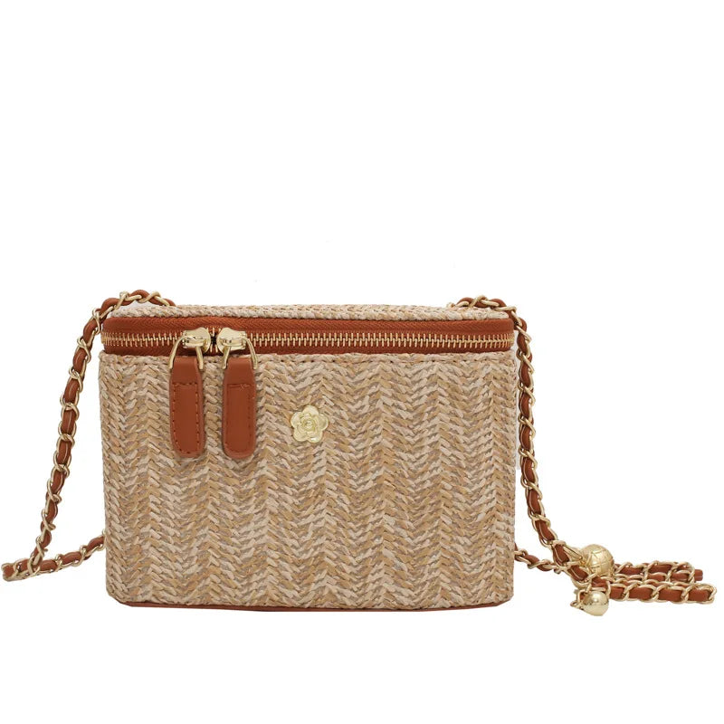 Sac à Main Femme Été en Paille Tissée – Mini Sac Seau Élégant avec Chaîne