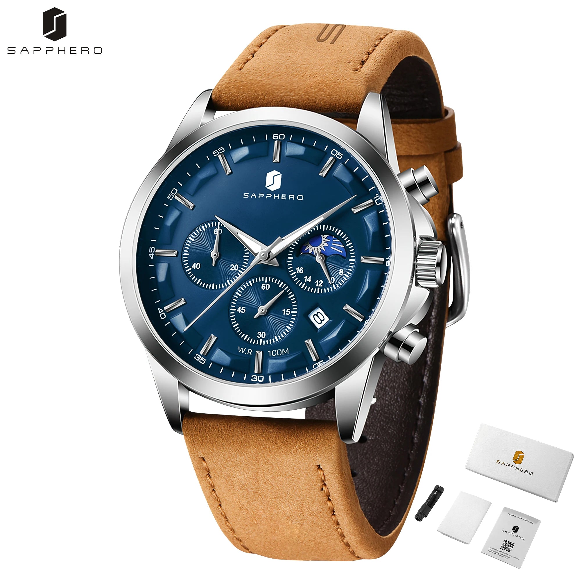 Spectacles professionnels SAPPHERO Montres d'affaires en cuir bretelles sport Casual Quartz Montres pour hommes Classique horloge étanche 5ATM Wrist Watch