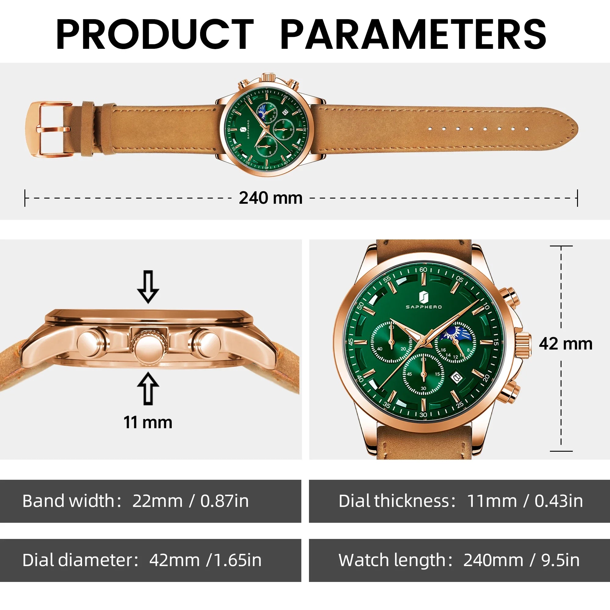 Spectacles professionnels SAPPHERO Montres d'affaires en cuir bretelles sport Casual Quartz Montres pour hommes Classique horloge étanche 5ATM Wrist Watch