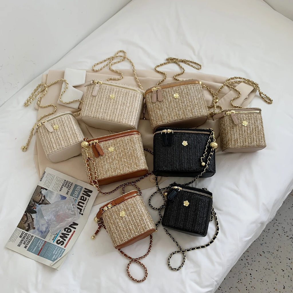 Sac à Main Femme Été en Paille Tissée – Mini Sac Seau Élégant avec Chaîne