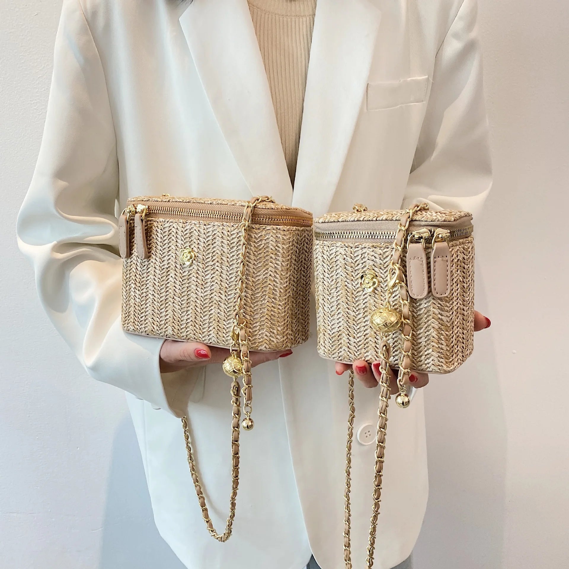 Sac à Main Femme Été en Paille Tissée – Mini Sac Seau Élégant avec Chaîne