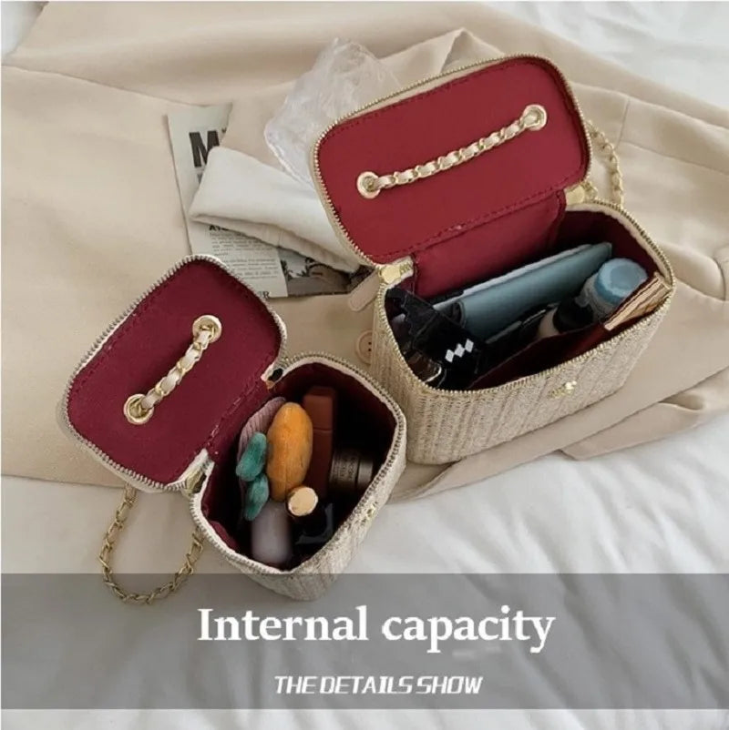 Sac à Main Femme Été en Paille Tissée – Mini Sac Seau Élégant avec Chaîne