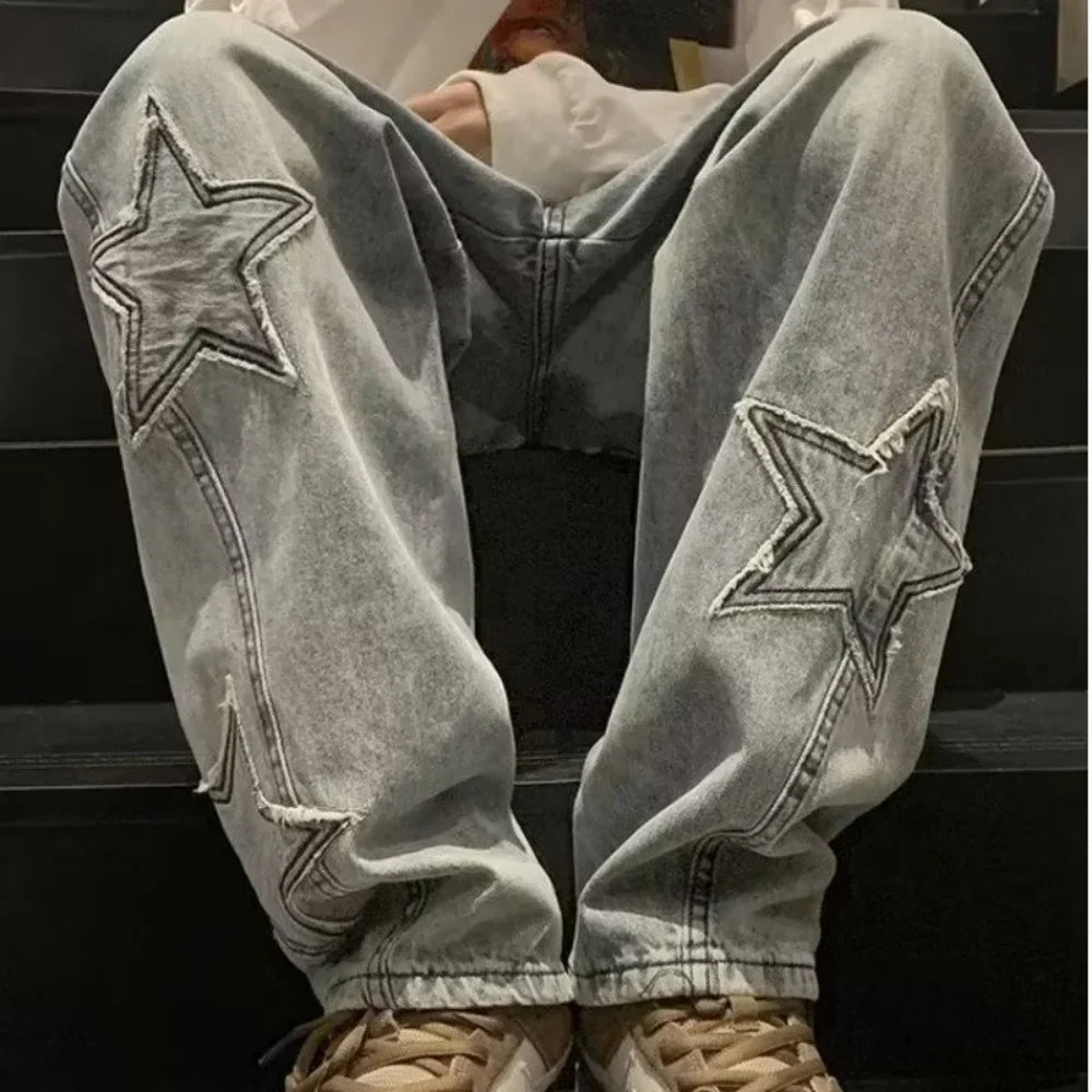 Star Embroidered Straight Casual Men's Jeans Y2K Gothic Unisex New Wide-leg Loose, Comfortable Fashionable Youth Street Jeans