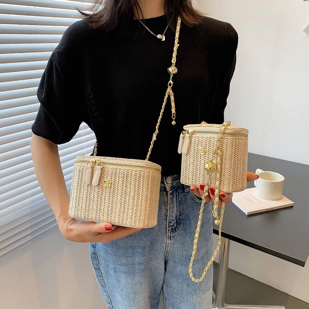 Sac à Main Femme Été en Paille Tissée – Mini Sac Seau Élégant avec Chaîne